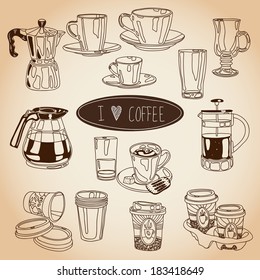Hand drawn coffee and tea cups set. Vector icons collection. Vintage. Menu.