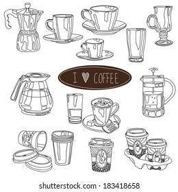 Hand drawn coffee and tea cups set. Vector icons collection. Vintage. Menu.