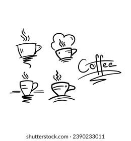 hand drawn coffee, tea cups. hand drawn coffee word. doodle coffee cups