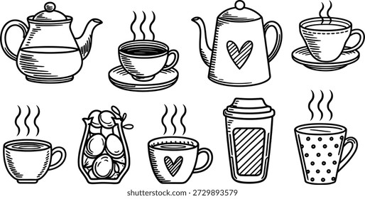 Conjunto de doodles de café e chá desenhados à mão. Copos de bebida quente, canecas e coleção de ilustração vetorial de bule