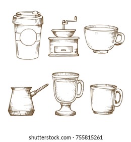 Hand drawn coffee tea and lemonade on white background. Vector illustration