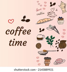 Hand drawn coffee or tea menu with dessert or food. A cup of coffee with a fresh aroma of Arabica and a croissant with honey and cupcake. Vector flyer or banner in a cafe or restaurant