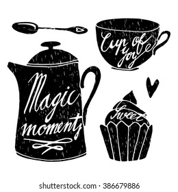 Hand drawn coffee or tea pot, cup, cupcake with text, isolated vector objects