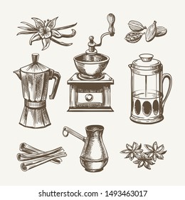 Hand drawn coffee and tea sketch. Vintage glass tea maker and old kitchen coffee pot, breakfast french press and manual grinder, cezve and spices vector illustration