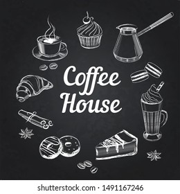 Hand drawn coffee, tea and sweets illustrations on a chalkboard hand drawn collection. Hand drawn set of cups, pots for coffee and tea. Vintage hand drawn sketch vector illustration for bakery design