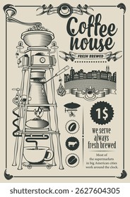 Hand drawn coffee themed banner with old town silhouette, coffee machine, coffee beans, cups and vintage lettering. Suitable for logo, menu, label, signboard, shop, restaurant, cafe. No ai used