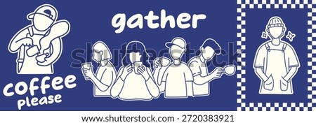 Hand drawn coffee themed poster set showing casual people gathering and enjoying coffee with playful line art style.
