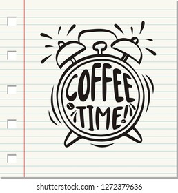 Hand drawn coffee time with alarm clock