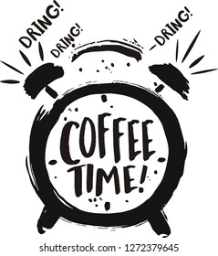 Hand drawn coffee time with alarm clock