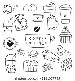 Hand drawn coffee time and bakery in doodle art style on white background