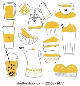Hand drawn coffee time collection in yellow tone on white background. Vector illustration in doodle art style
