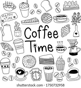 Hand drawn in coffee time concept in doodle art style, vector illustration on white background