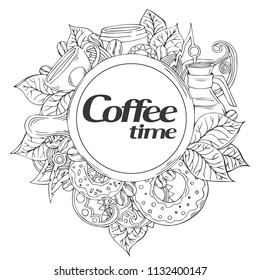 Hand drawn Coffee time illustration, vector doodle set with teapots, glass, cupcake, decoration, cup and sweets.