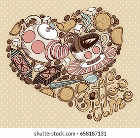 Hand drawn Coffee time illustration, vector doodle set with teapot, cup and sweets