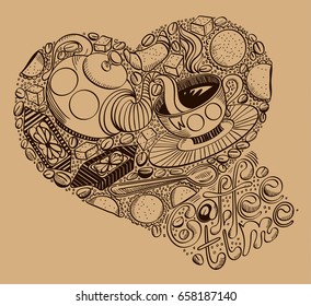 Hand drawn Coffee time illustration, vector doodle set with teapot, cup and sweets