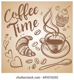 Hand drawn coffee time illustrations. Vintage vector background.