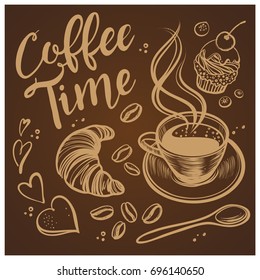 Hand drawn coffee time illustrations. Vintage vector background.