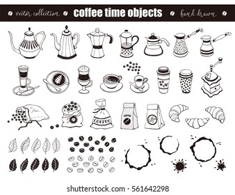 Hand drawn coffee time objects collection. Doodle coffee pots, cups and bags isolated on white background. Vector illustration of coffee icons for cafe and restaurant menu design.