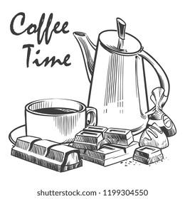 Hand drawn coffee time vector illustration. Cup of coffee, chocolate, praline and pot isolated on white background