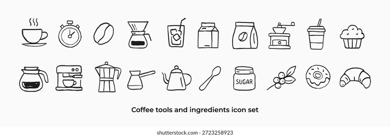 Herramientas de café dibujadas a mano y conjunto de iconos de ingredientes con tazas, frijoles, molinillos, cerveceros y postres. Elementos de arte de línea negra mínima para menús, empaques, cafeterías, App y marcas de café.