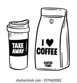 Hand drawn coffee, typography and doodle style elements.