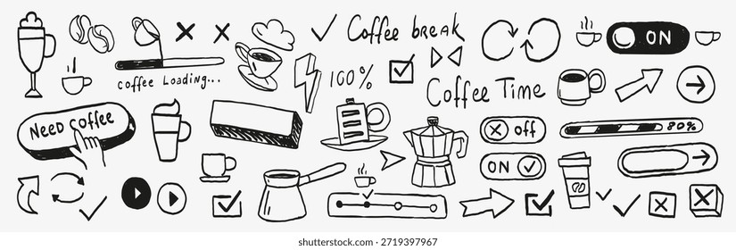 Icono de doodle de UI de café dibujado a mano con Botones, palancas, flechas, barras de progreso, tazas y frases de café. Juguetones Elementos de arte de línea negra para App, Sitios web, pegatinas y marca de cafetería.