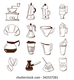 Hand drawn coffee vector icons set. Modern icons for coffee shop and coffee house. Colorful template for cooking and restaurant menu.