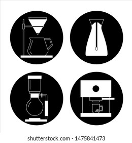 Hand drawn coffee vector illustration. White silhouetted figures of pour over, eva solo, siphon and espresso machine isolated on white background. Coffee brewing art. Perfect for icon or logo.
