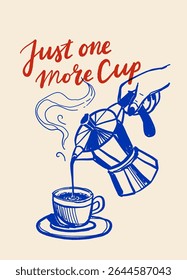 Hand drawn coffee vector poster, moka pot, espresso, cappuccino, cups, milk pouring, cafe vibe, blue monochrome doodle sketch illustration