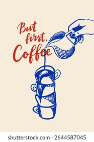 Hand drawn coffee vector poster, moka pot, espresso, cappuccino, cups, milk pouring, cafe vibe, blue monochrome doodle sketch illustration