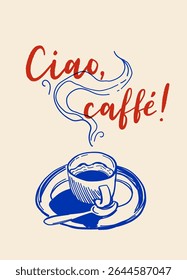 Hand drawn coffee vector poster, moka pot, espresso, cappuccino, cups, milk pouring, cafe vibe, blue monochrome doodle sketch illustration
