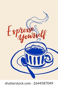Hand drawn coffee vector poster, moka pot, espresso, cappuccino, cups, milk pouring, cafe vibe, blue monochrome doodle sketch illustration