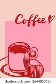 Hand drawn coffee vector poster, moka pot, espresso, cappuccino, cups, milk pouring, cafe vibe, blue monochrome doodle sketch illustration