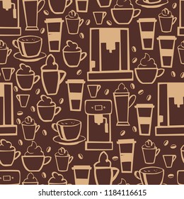 Hand drawn coffee.  Vector  seamless pattern