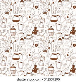 Hand drawn coffee vector seamless pattern background. Modern icons for coffee shop and coffee house. Colorful template for cooking and restaurant menu.