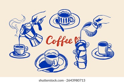 Hand drawn coffee vector set, moka pot, espresso, cappuccino, cups, milk pouring, cafe vibe, blue monochrome doodle sketch illustration