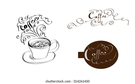 Hand drawn Coffee words vector set.