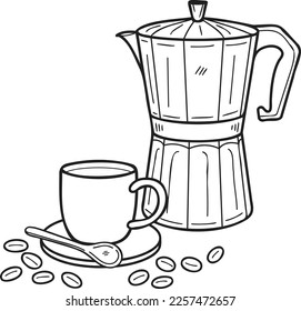 Hand Drawn Coffeemaker Moka pot and a cup of hot coffee illustration in doodle style isolated on background