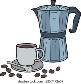 Hand Drawn Coffeemaker Moka pot and a cup of hot coffee illustration in doodle style isolated on background