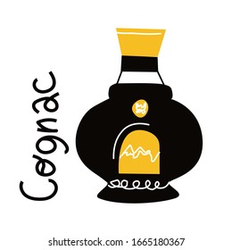 hand drawn  Cognac bottle. Isolated on white background. vector flat iilustration with lettering