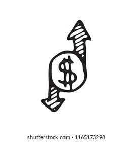 Hand Drawn coin arrows doodle. Sketch dollar icon. Decoration element. Isolated on white background. Flat design. Vector illustration.