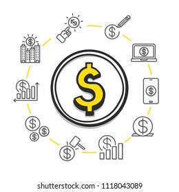 Hand drawn coin with element line icon is around. Finance concept. Vector illustration. 