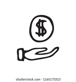 Hand Drawn coin on hand doodle. Sketch dollar icon. Isolated on white background. Flat design. Vector illustration.