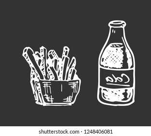 Hand drawn cola and French fries doodle. Sketch food and drink, icon. Decoration element. Isolated on black background. Vector illustration.