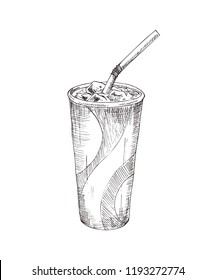 Hand drawn cola paper cup vector monochrome illustration. Fast food badge sketch style for brochures and banner restaurant menu, cafe cover template