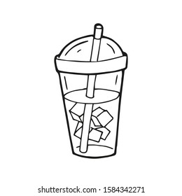 Hand drawn cold drink with ice or iced coffee takeaway cup. In doodle style, black outline isolated on a white background. Cute element for card, social media banner, stickers. Vector illustration.
