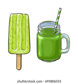 Hand drawn cold matcha green tea desserts - stick ice cream bar,   and fresh made smoothie, sketch vector illustration isolated on white background. Hand drawn matcha tea smoothie and popsicle