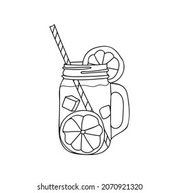 Hand drawn cold tea with lemon and ice. Cold drink in glass with lemon slices and ice. Doodle cold tea with lemon and ice illustration in vector.