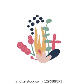 Hand drawn collage with flowers. Interior design illustration. Colorful abstract elements. Handdrawn clipart. Scandinavian style. Isolated vector