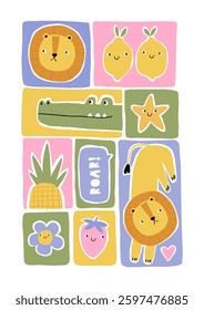 Hand drawn collage print with cute lion, lemon, plants, berry, flowers. Vecror illustration. Playful flat style